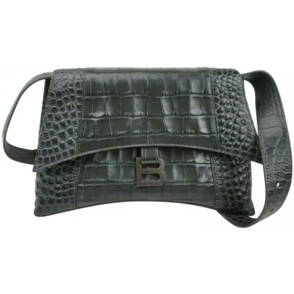 Balenciaga Hourglass Womens Downtown Small Soft Shoulder Bag Croc Embossed Black - Picture 1 of 9